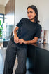 Women summer pajama set Black Tee + Black X White Stripes Pants